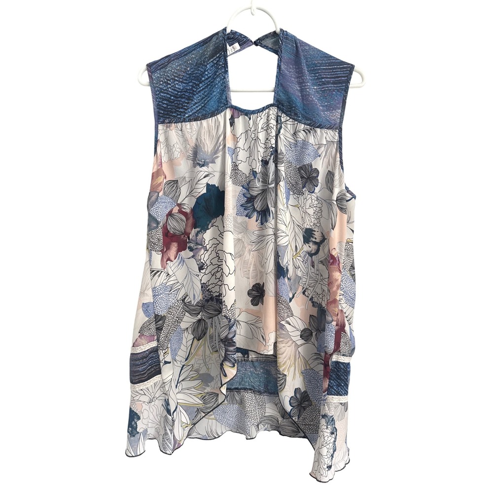 Spense XL Sleeveless peek-a-boo Floral Print Top Blouse Blue hi-low